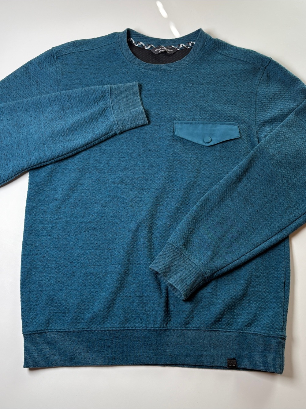Teal Blue Textured Crewneck Pullover Gorpcore Sweatshirt Snap Pocket Cozy Warm S